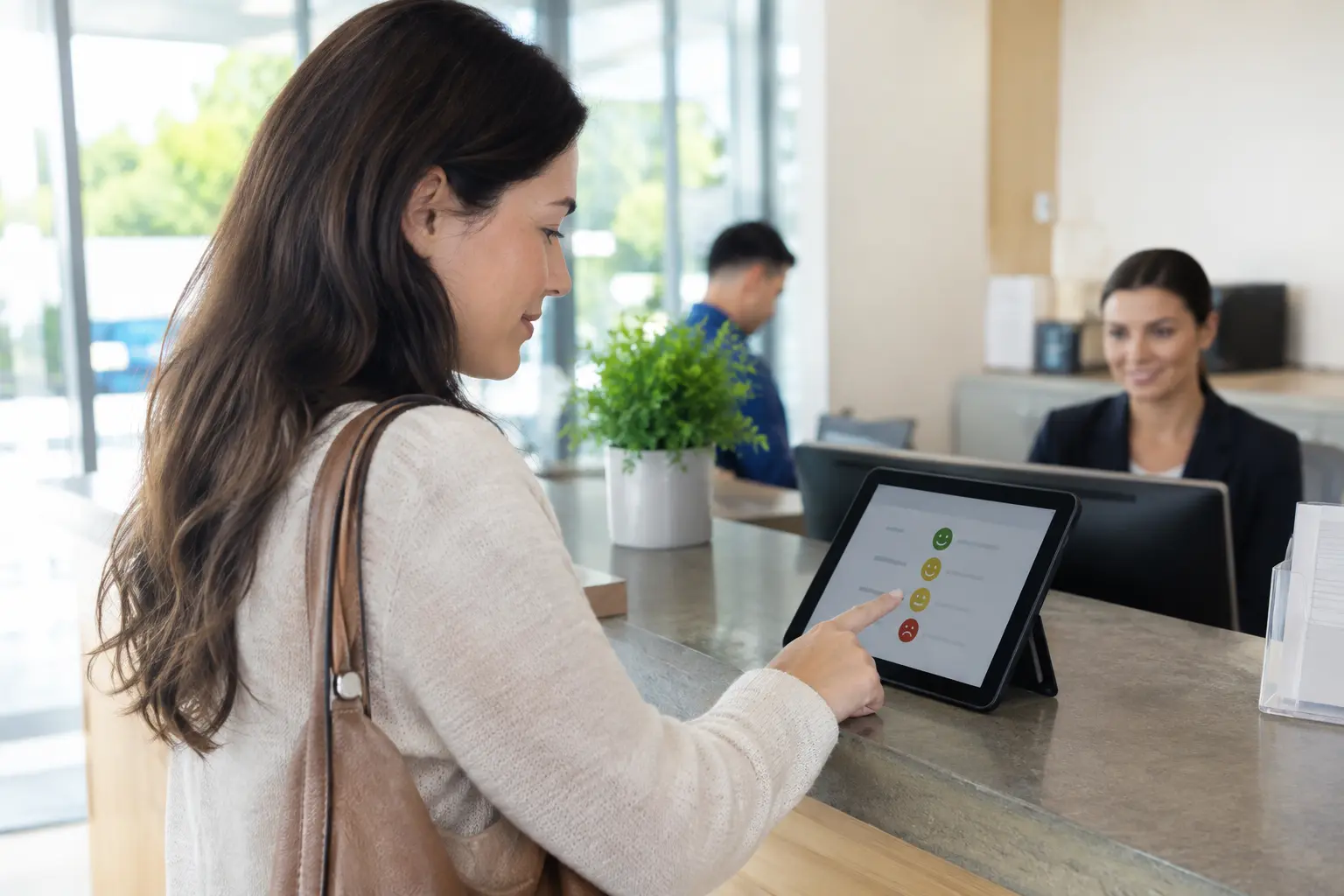 Cliente completando una encuesta de calidad de servicio en una tablet junto al mostrador de atención