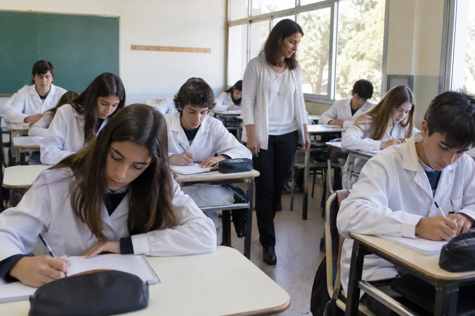Estudiantes de escuela secundaria trabajando en el aula con guardapolvo blanco