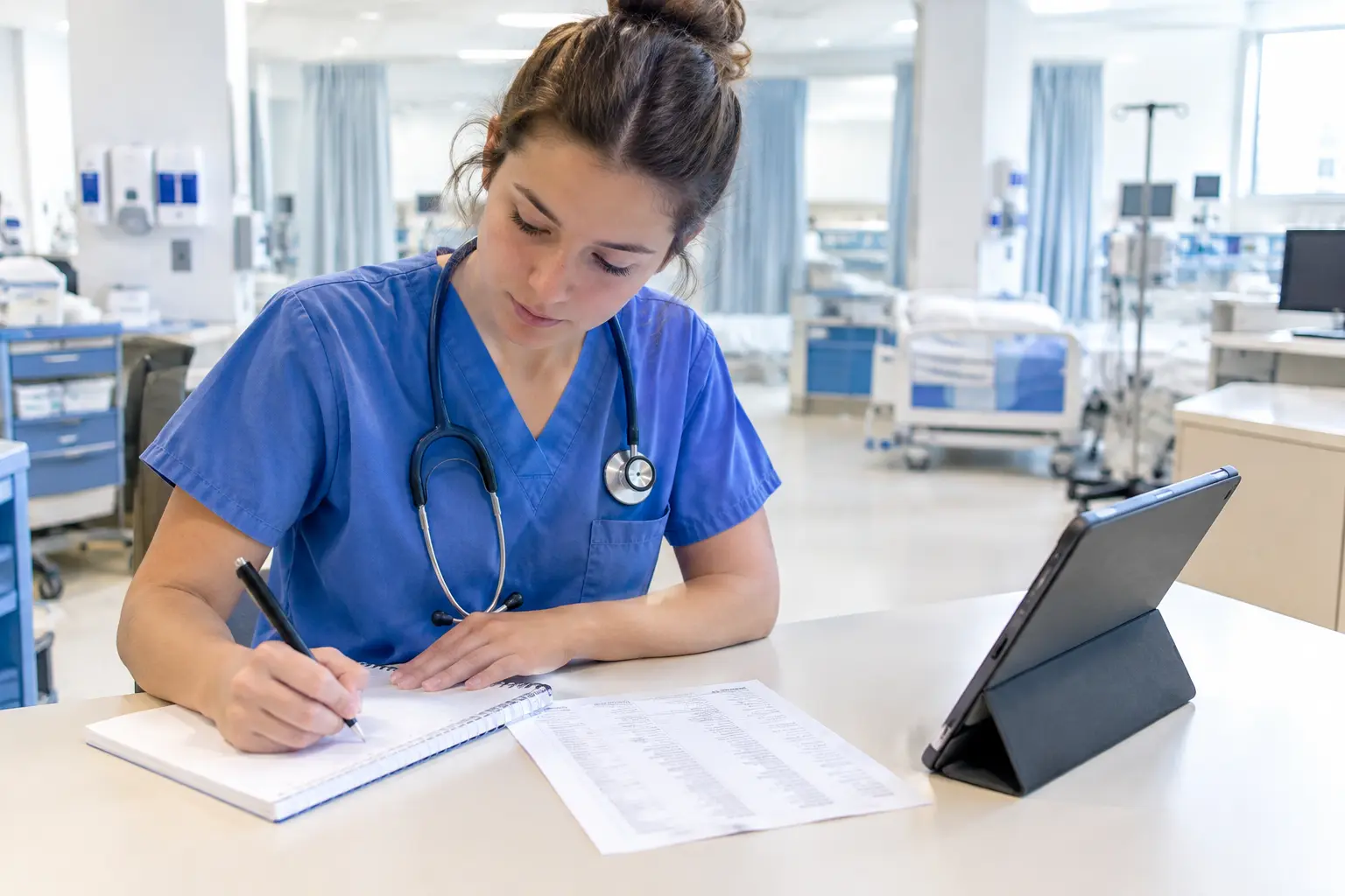 Estudiante de Enfermería en uniforme escribiendo un glosario de términos en un cuaderno junto a una tablet
