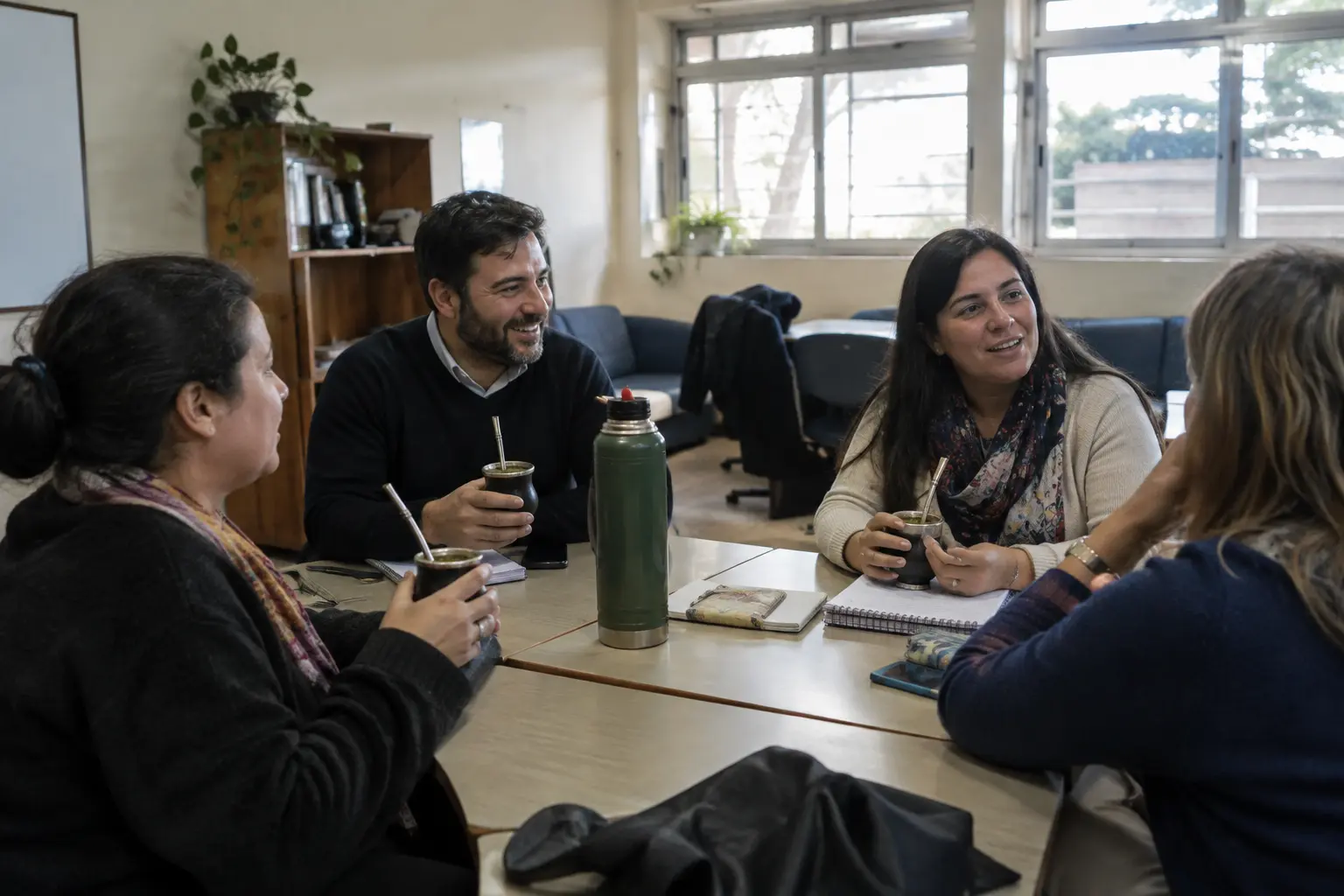 Docentes conversando y tomando mate en la sala de profesores de una escuela entre clases