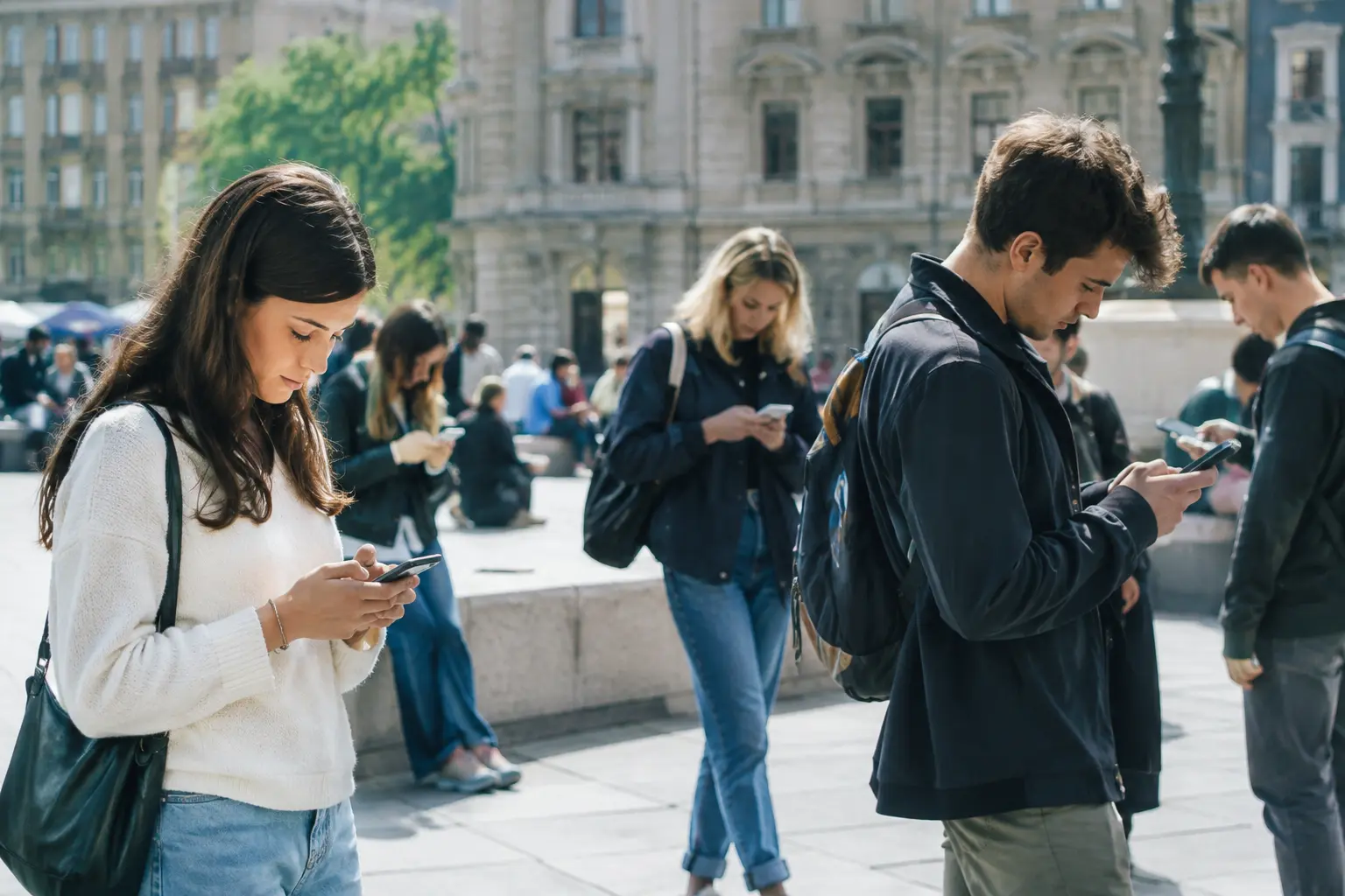 Jóvenes en una plaza de la ciudad consultando noticias y redes sociales en sus celulares