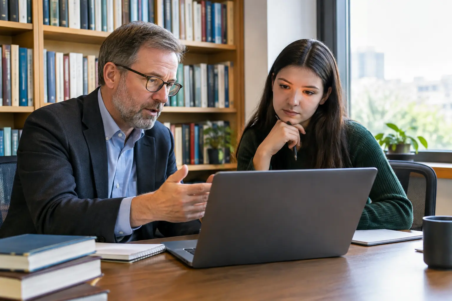 Estudiante de Economía reunida con su director de trabajo final para revisar el proyecto en una laptop