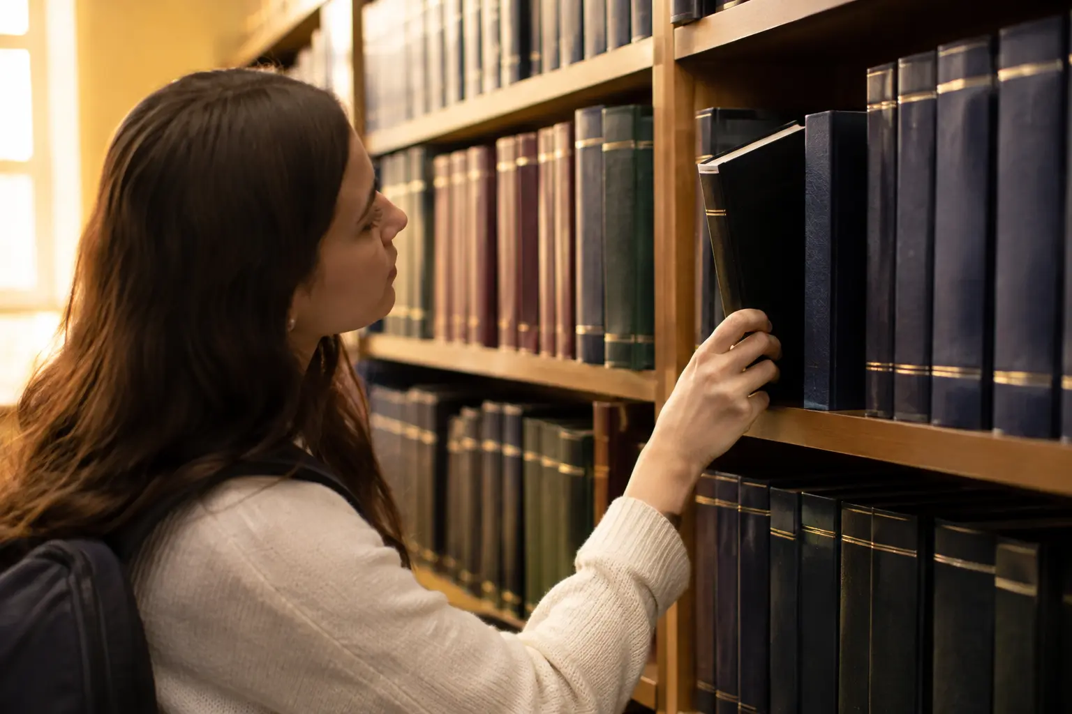 Estudiante tomando una tesina encuadernada de una estantería en la biblioteca de su facultad