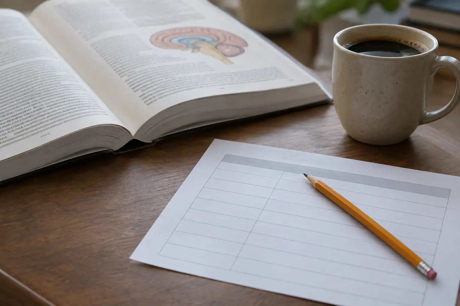 Lápiz sobre una tabla impresa de dos columnas junto a un manual de Psicología abierto