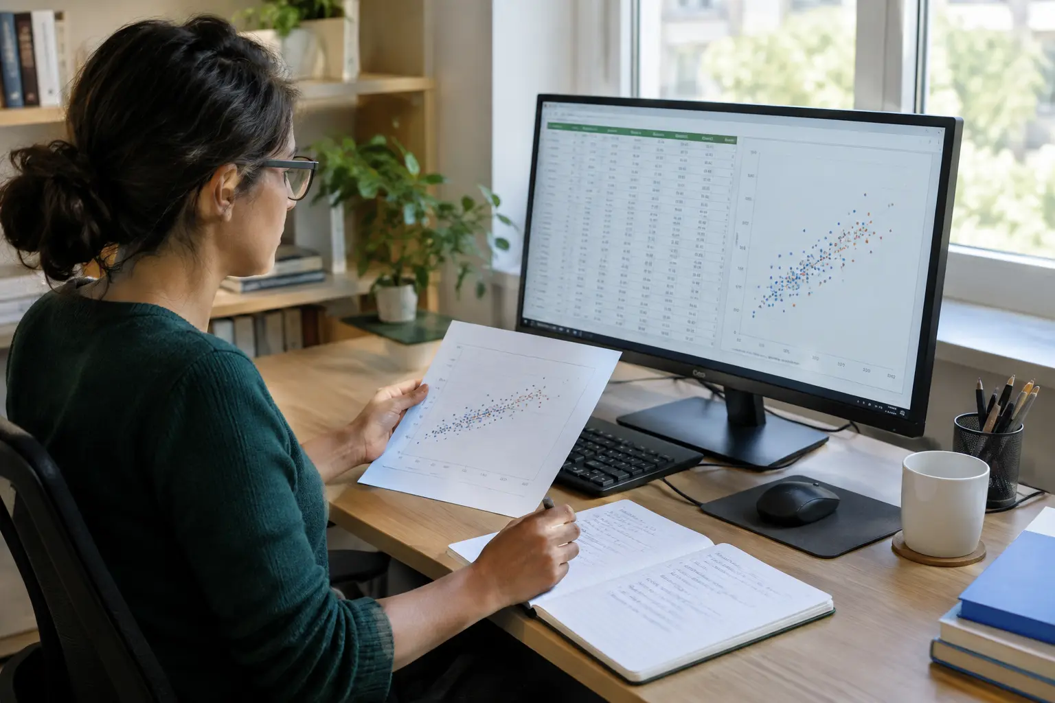 Investigadora revisando una planilla de calificaciones y un gráfico de dispersión en el monitor