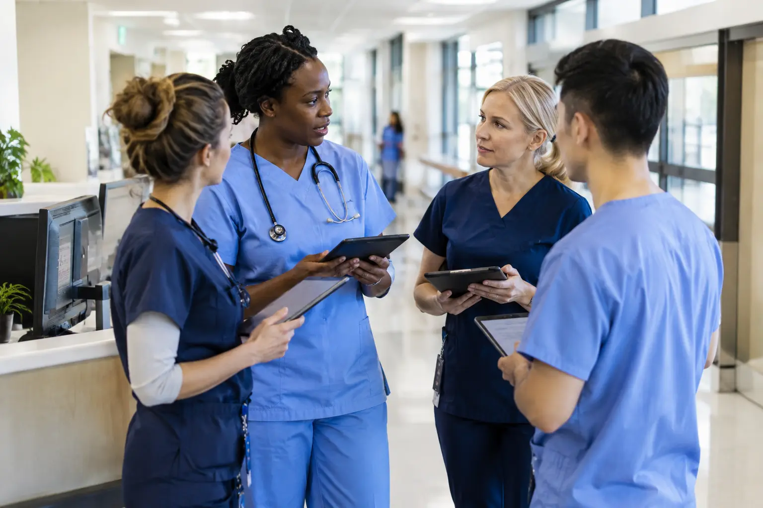 Equipo de enfermería conversando durante el pase de turno en la estación de enfermería de un hospital