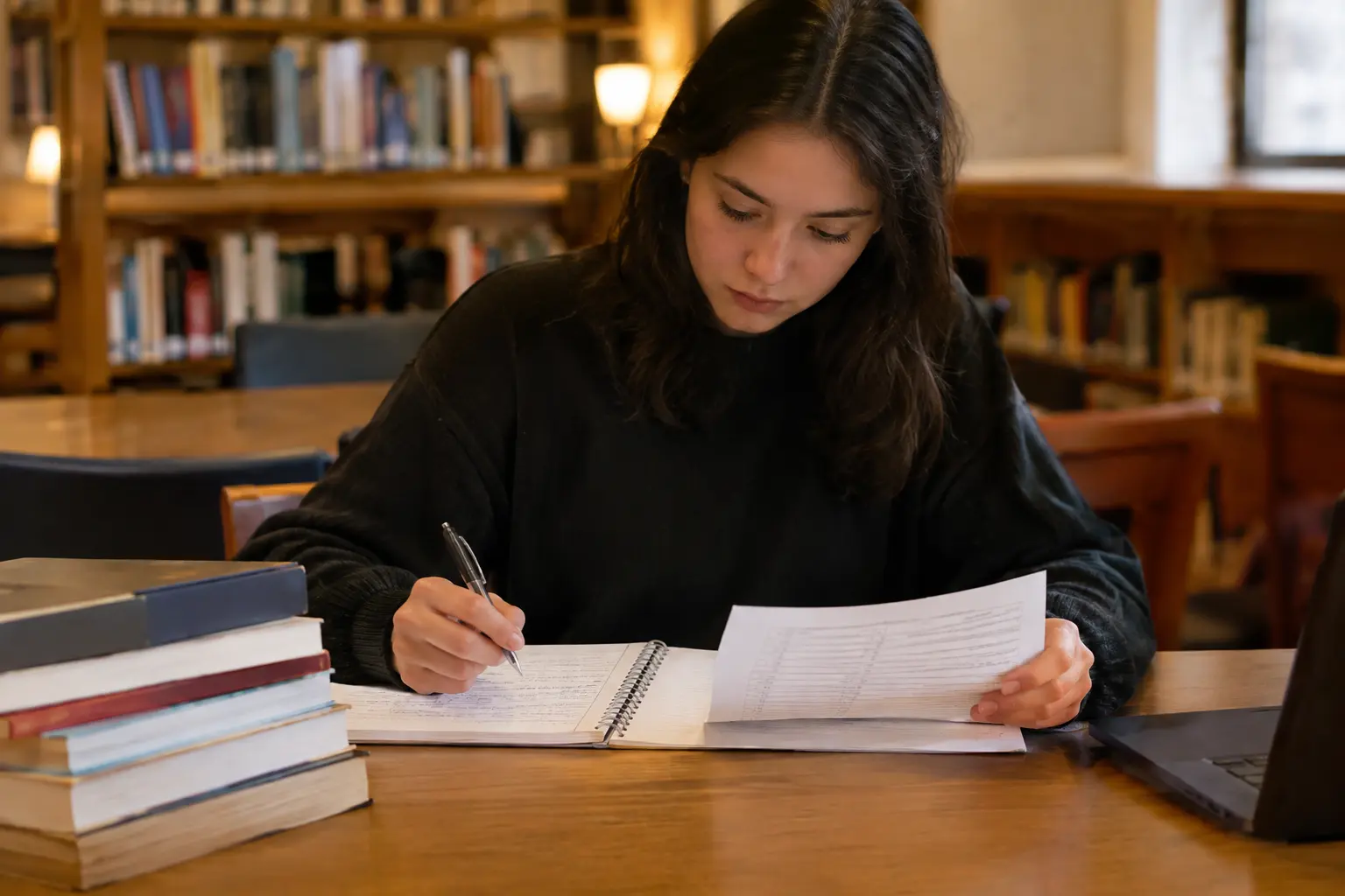 Estudiante de Psicología comparando una escala impresa con las definiciones que escribe en su cuaderno