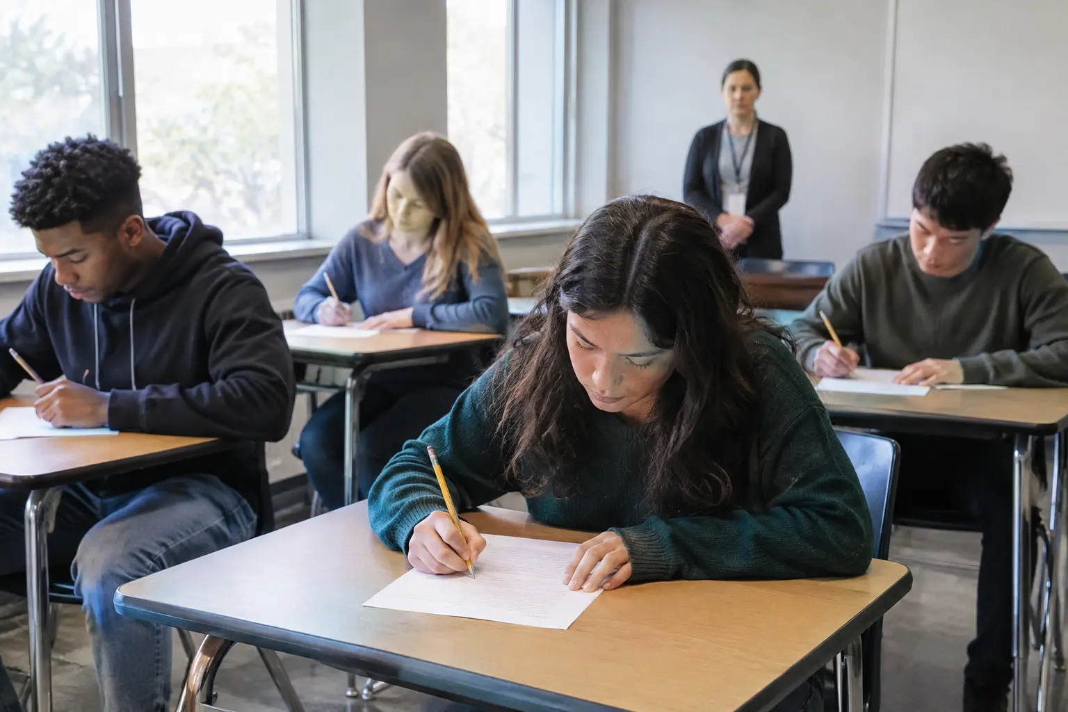Un grupo de estudiantes universitarios completando un cuestionario en papel durante una prueba piloto
