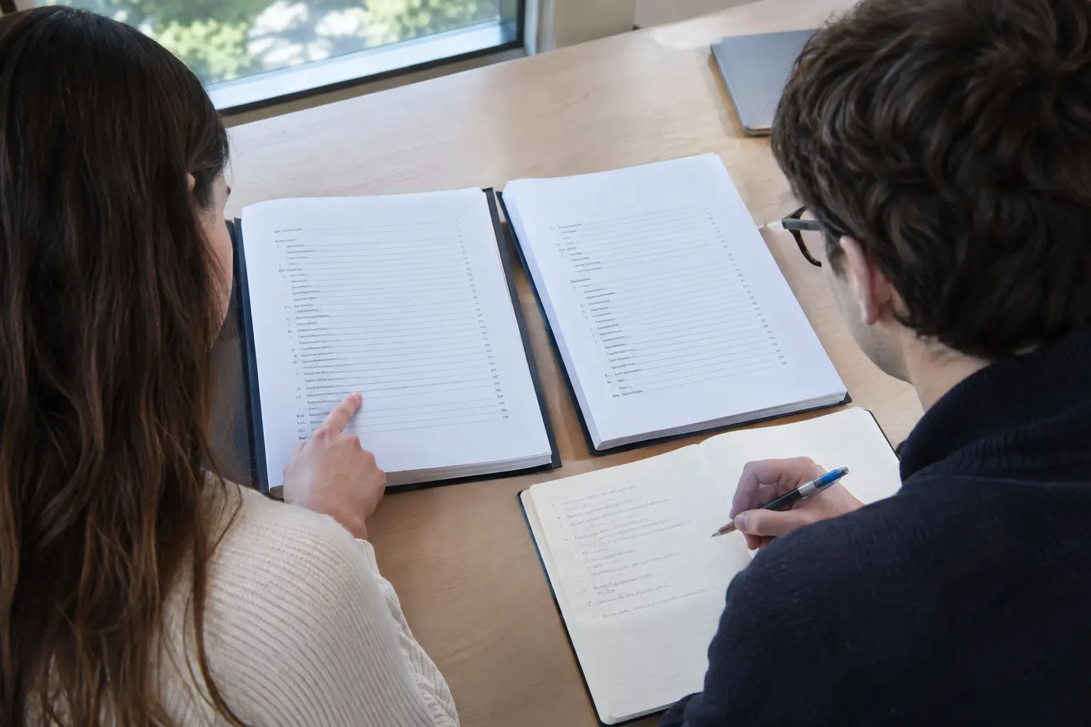 Dos estudiantes comparando los índices de dos tesinas impresas mientras toman notas