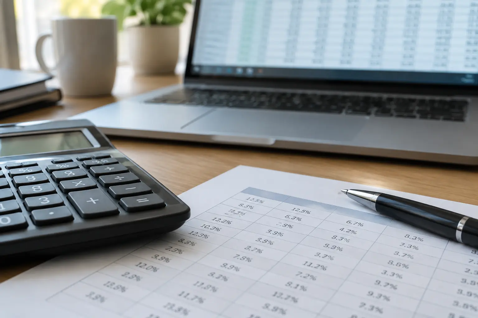 Calculadora, tabla impresa de porcentajes y laptop con una planilla de cálculo sobre un escritorio