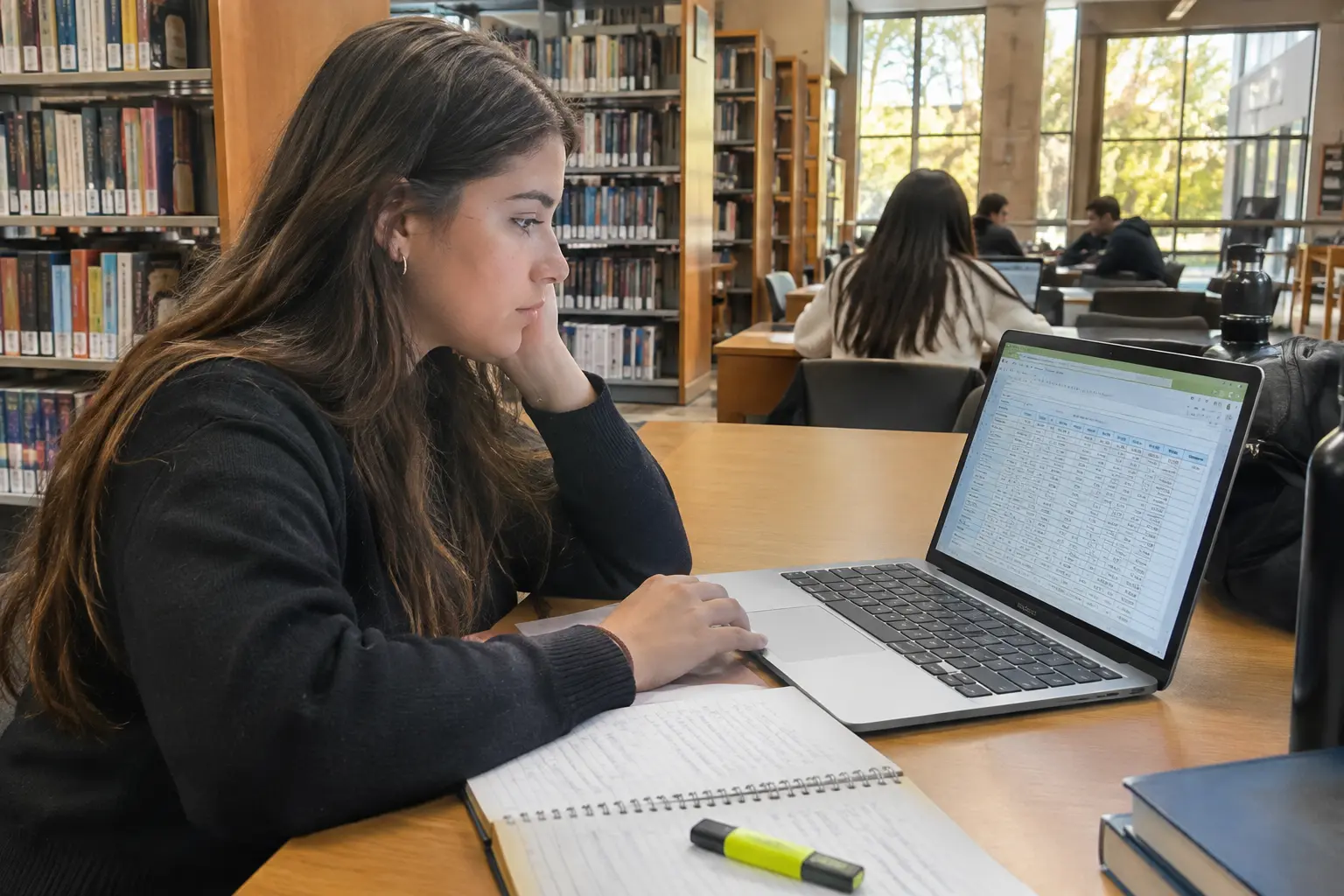 Estudiante de Administración organizando los datos de un cuestionario para su tesina