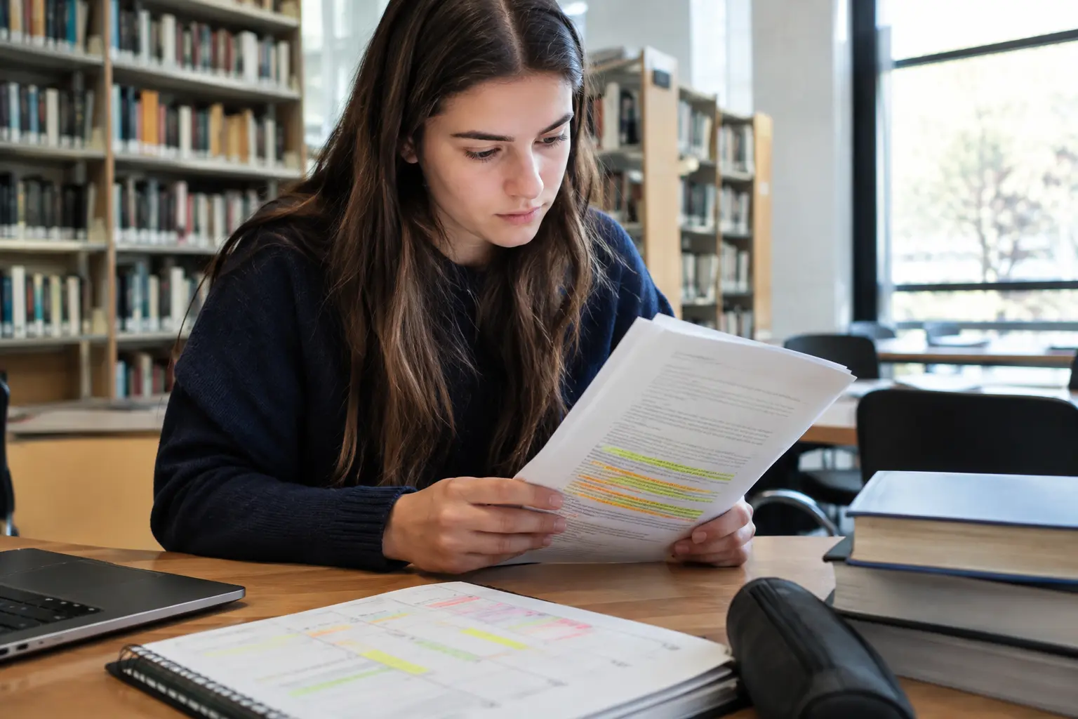 Estudiante leyendo un reglamento universitario impreso con artículos resaltados junto a un cronograma