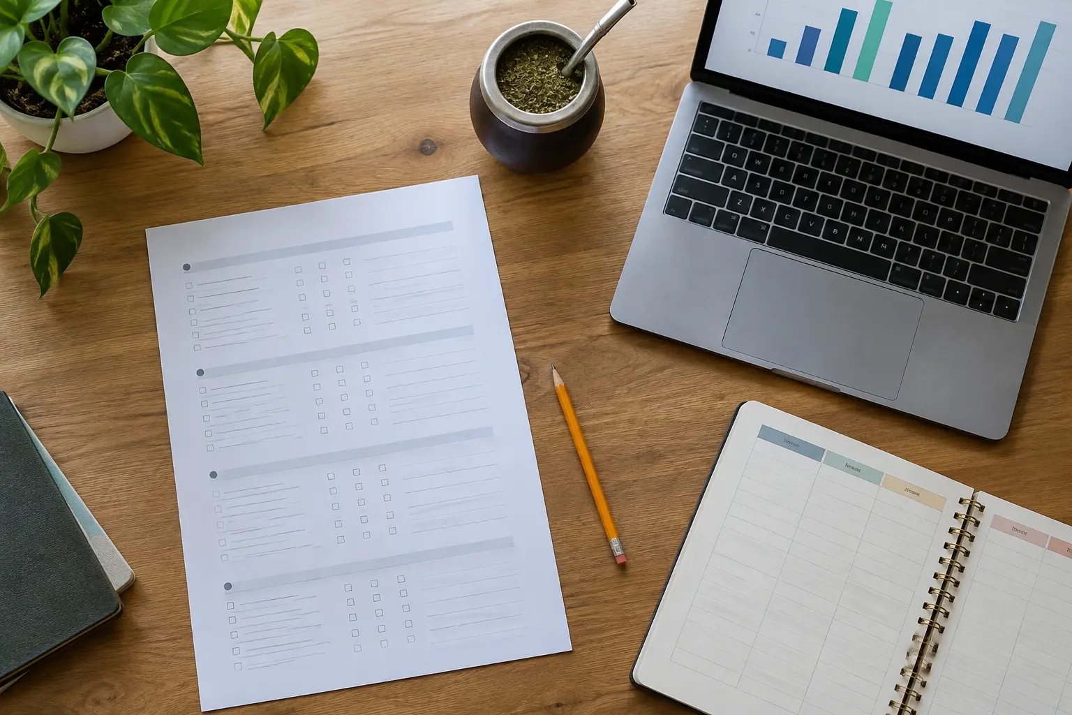 Escritorio con un cuestionario impreso, una agenda semanal y una laptop con gráficos