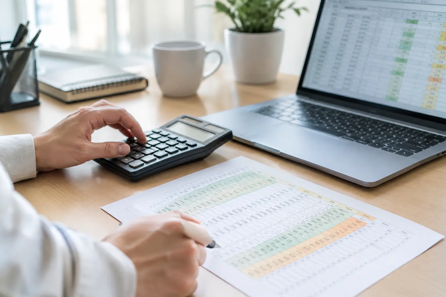 Manos usando una calculadora junto a una tabla de calificaciones de jueces y una planilla de cálculo